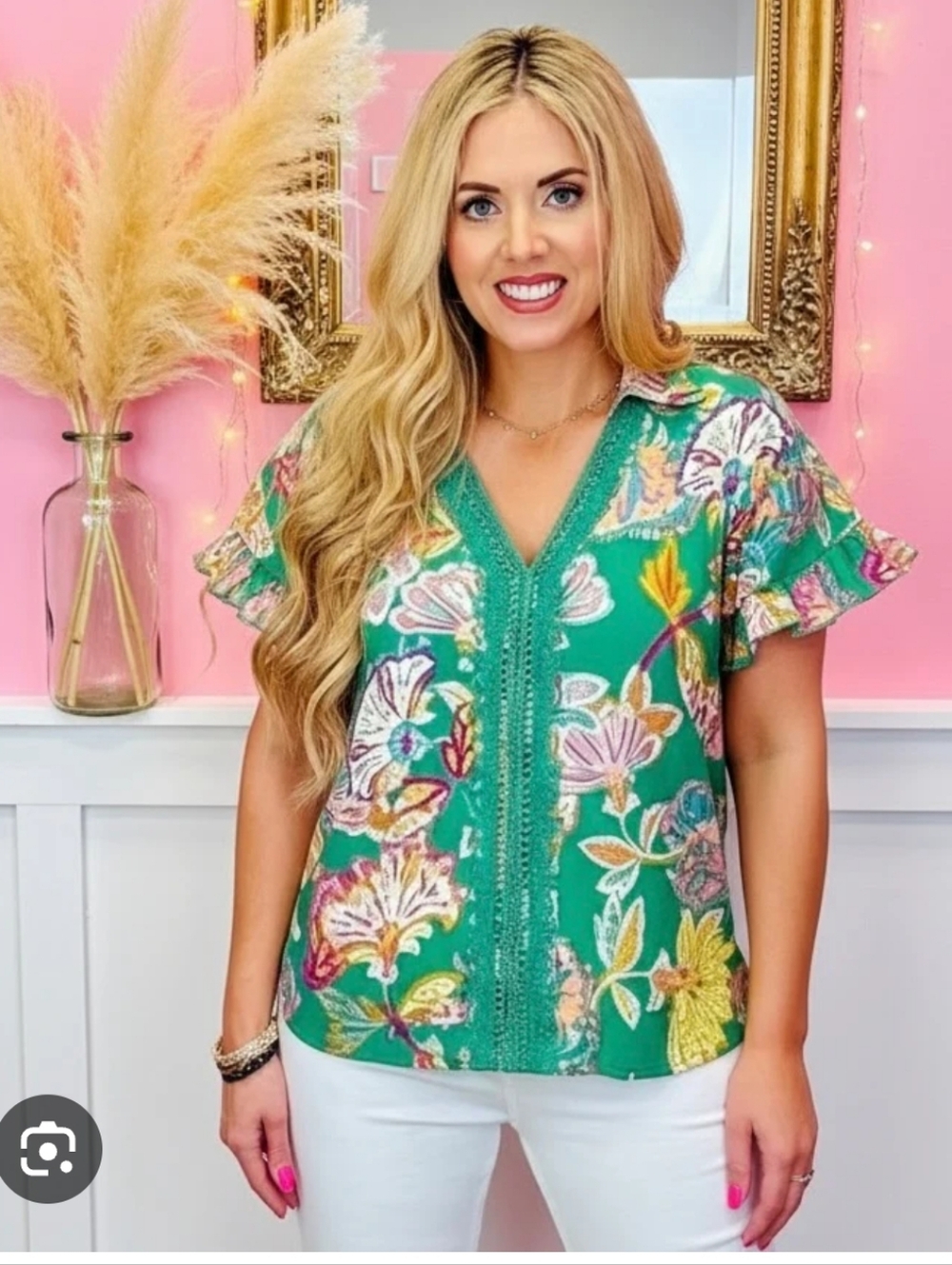 Umgee Green Floral V-Neck Flutter Sleeve Top